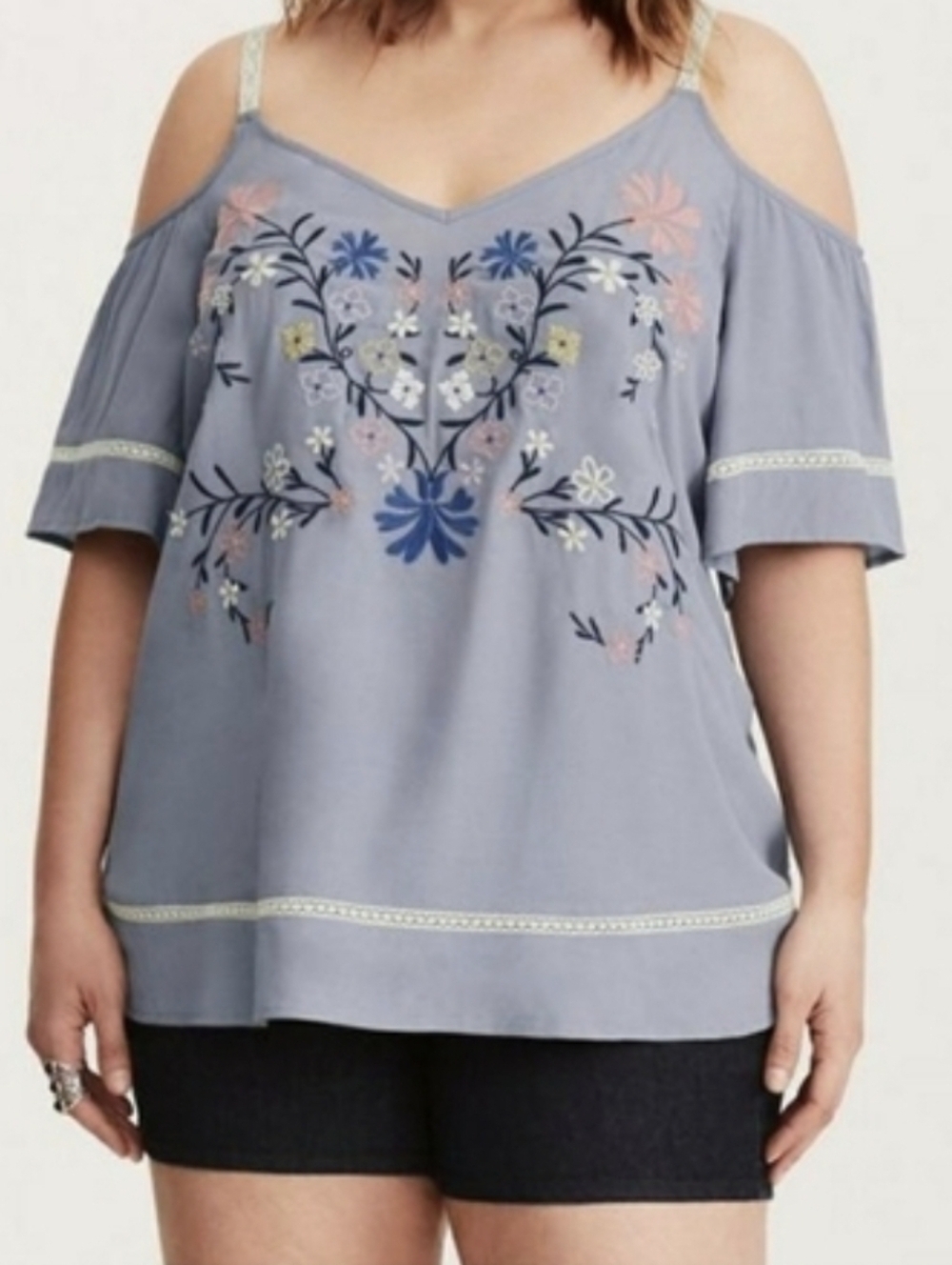 NEW TORRID BLUE EMBROIDERED COLD SHOULDER TOP...SIZE:0